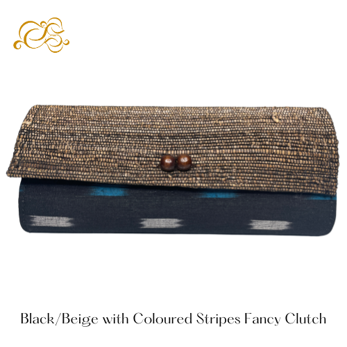 Black/Beige with Coloured Stripes Clutch