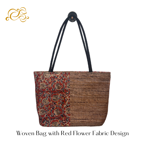Woven Bag with Red Fabric Design