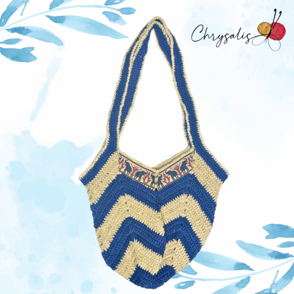 Blue & White Jute Bag with Elephant Design