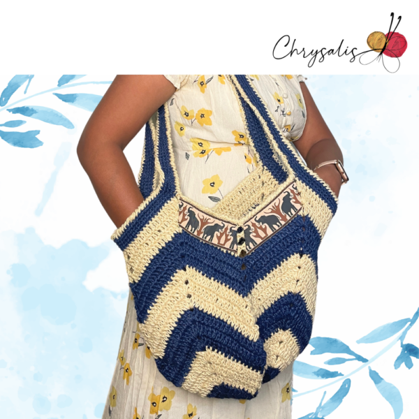 Blue & White Jute Bag with Elephant Design - Image 4