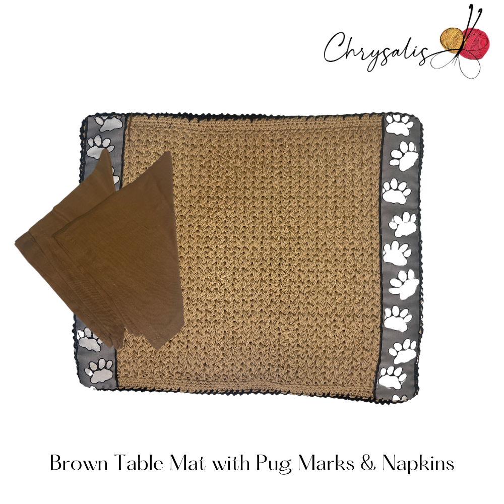 Brown Table Mat with Pug Marks with Napkins (Set of 2)